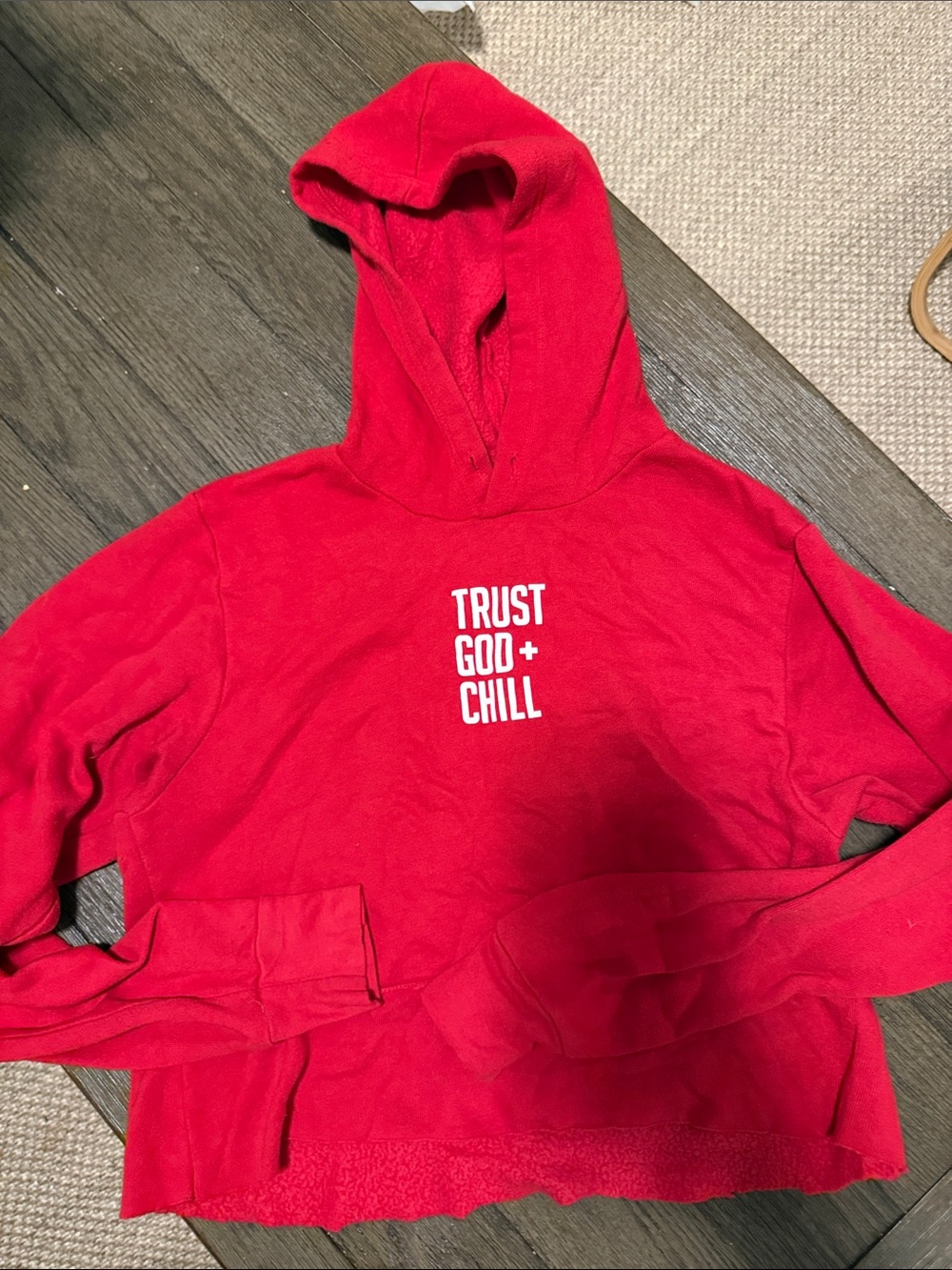 Red Hoodie with "TRUST GOD + CHILL" Graphic